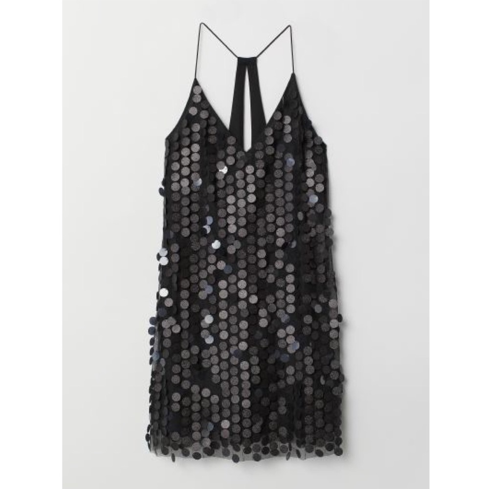 Divided H&M Black Mini Short V-Neck Sequined Dress